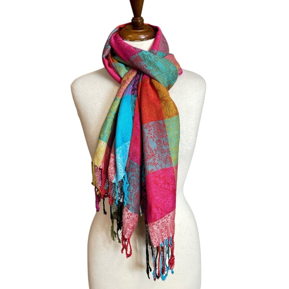 Bijou Brigitte patchwork look viscose scarf with fringed ends
